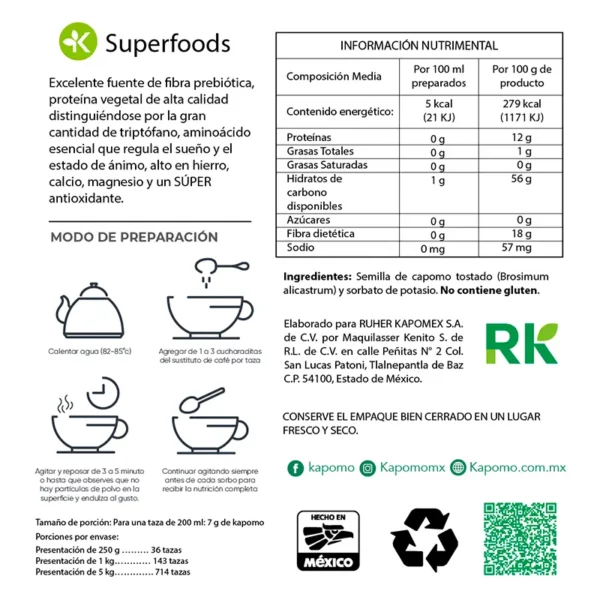 Tabla nutrimental y de preparación del café capomo sasvor natural