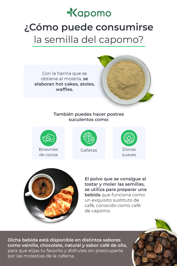 Infografía con información de cómo puede consumirse la semilla del capomo